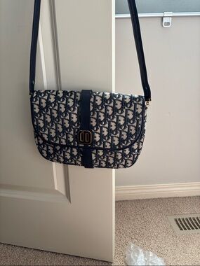 AUTHENTIC Dior Oblique Navy Canvas Shoulder Bag
